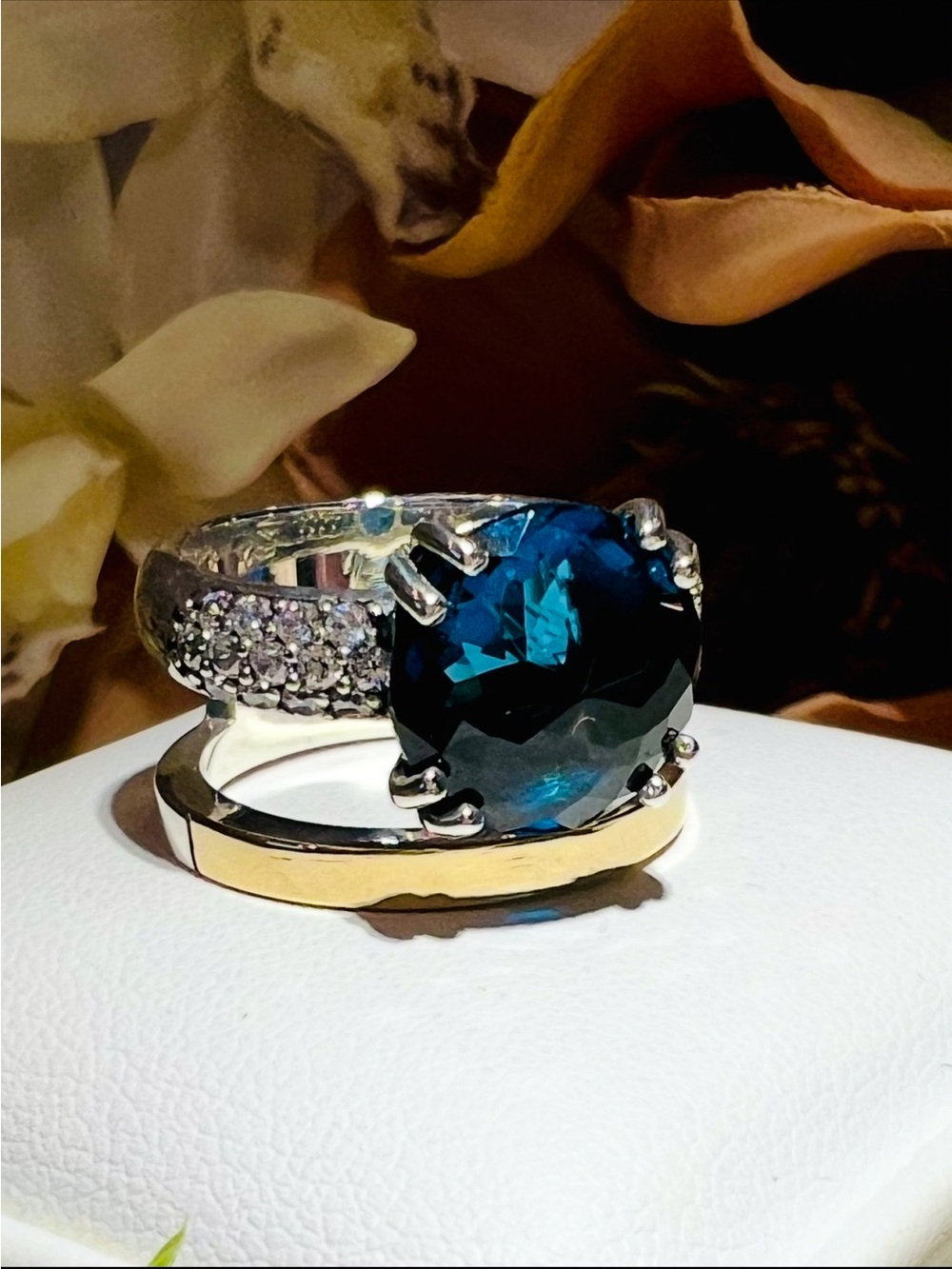 Designer 14 karat gold and 925 sterling silver, London blue topaz statement ring